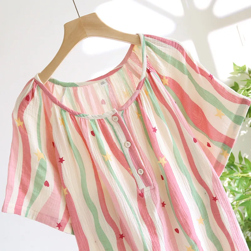 2025 nova saia de dormir feminina 100% algodão crepe fina casa saia conjunto cabeça listrado saia vestido verão bonito e doce senhoras