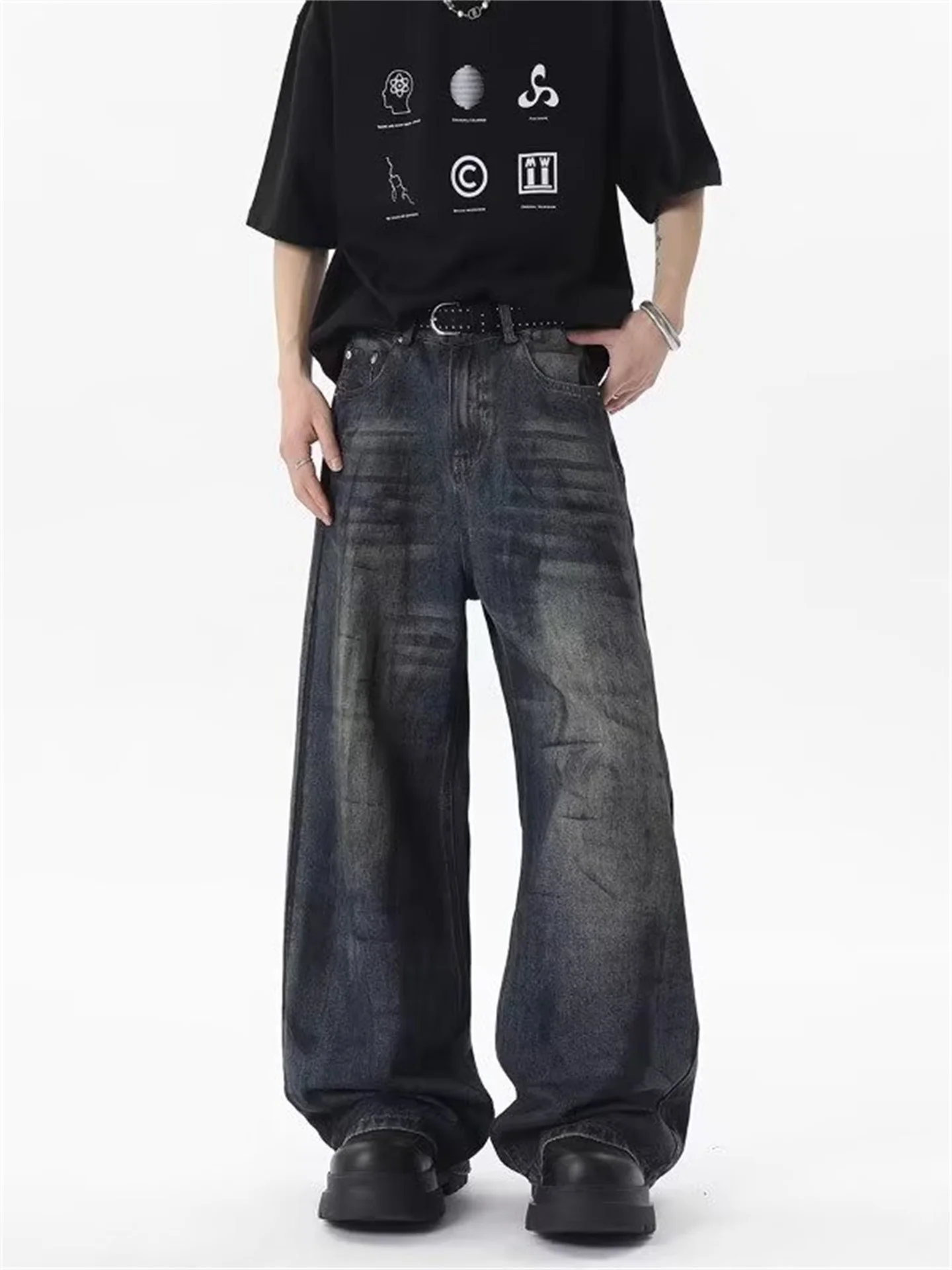 

Retro American Wide Leg Jeans Men's Street Sle Trendy Brand Faded Wa Straight High Street Haome Long Pants