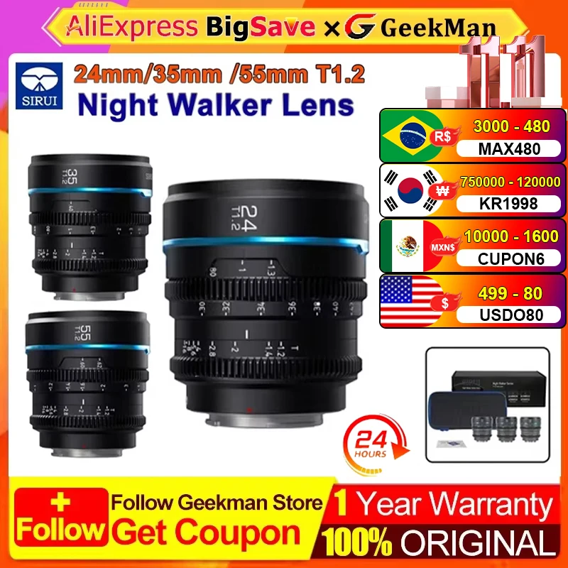 SIRUI Night Walker 24mm 35mm 55mm 16mm T1.2 S35 Cine Lens For Sony E Fuji X Canon RF Red komodo RF Lumix MFT M4/3 Mount Cameras