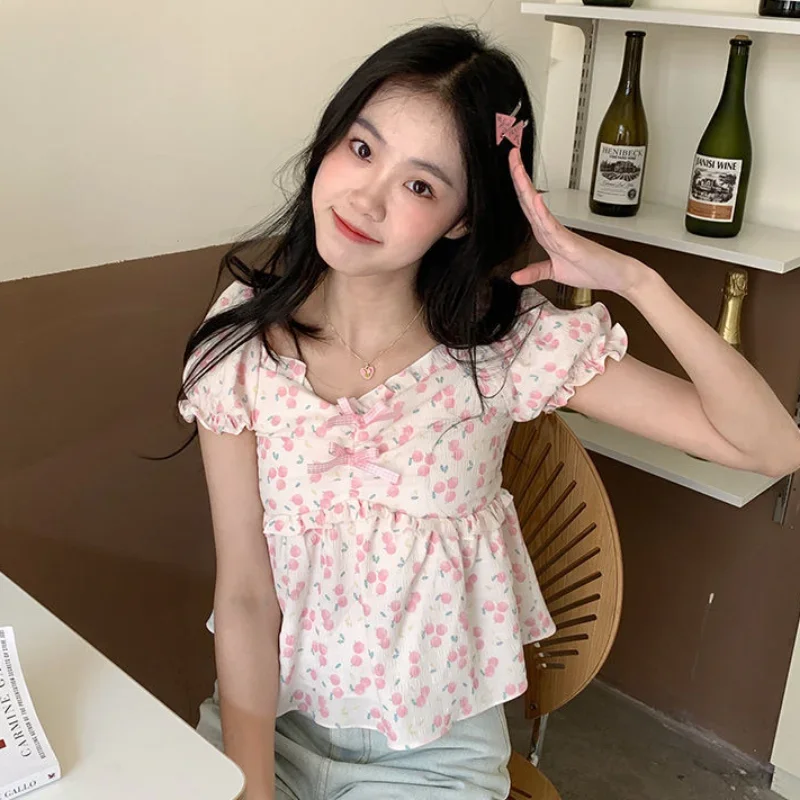 Floral Blouses for Women Sweet Puff Short-sleeve Crop Tops All-match Cute Girlish Summer Daily Casual Ulzzang Style Fashionable