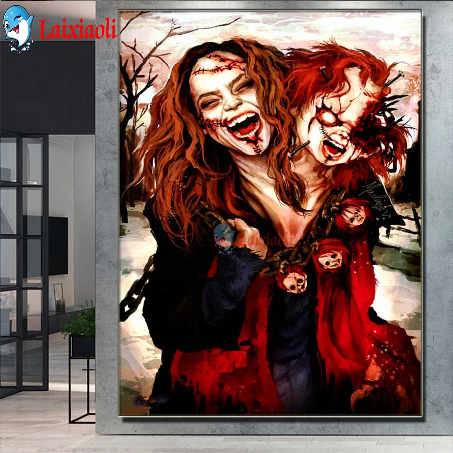 DIY Full Drill Diamond Mosaic Embroidery Horror cartoon kid and woman Picture Rhinestones Halloween Wall Sticker Needlework Art