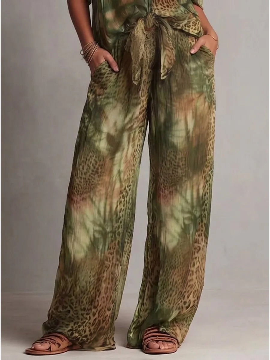 Bonboho 2026 Fashion Women's Green Leopard Print Casual Pants Elastic High Waist Wide Leg Full Length Trousers Elegant Bottoms
