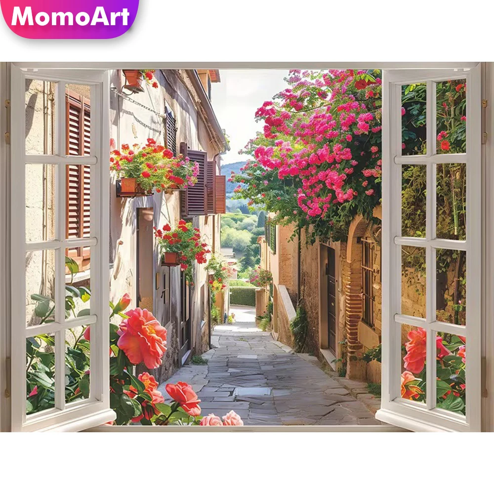 Momoart Diamond Mosaic Street Pattern for Adults Beginners DIY Diamond Painting Window Landscape Embroidery Wall Decoration