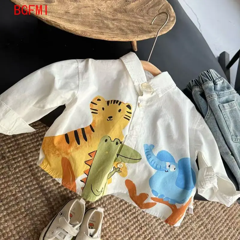 Koreanische Frühling Herbst Kleidung Jungen Drucken Baumwolle Dünne Shirts Kind Cartoon drehen-unten Kragen Lose Lange Sleeve Infant junge Top 1-6Y