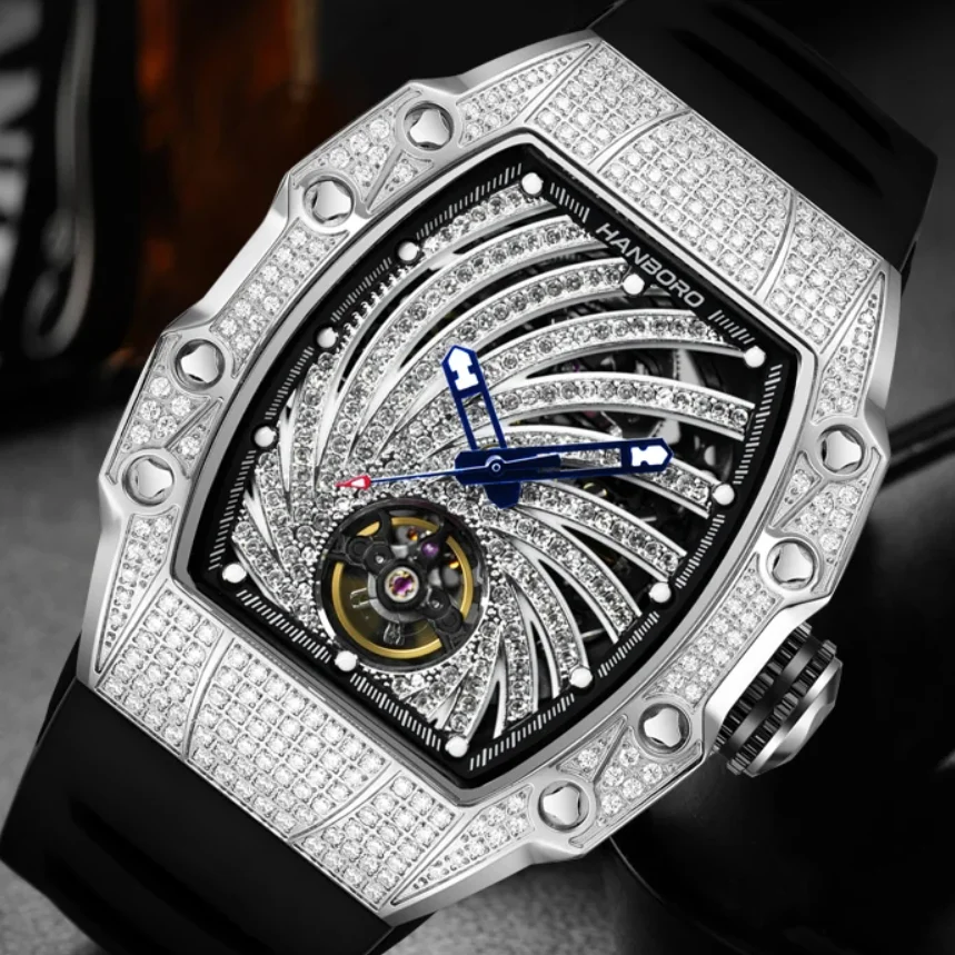 

HANBORO Мужские автоматические часы 50 мм Роскошные механические наручные часы Светящийся корпус Tonneau Водонепроницаемый скелет Штормовый циферблат Хрустальный безель