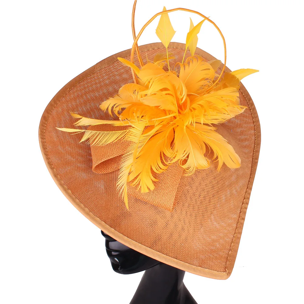 

Gold Feather Fascinator Church Hat Women Elegant Blue Phillbox Hair Clip Kentucky Derby Cocktail Party Hair Accessory Headwear