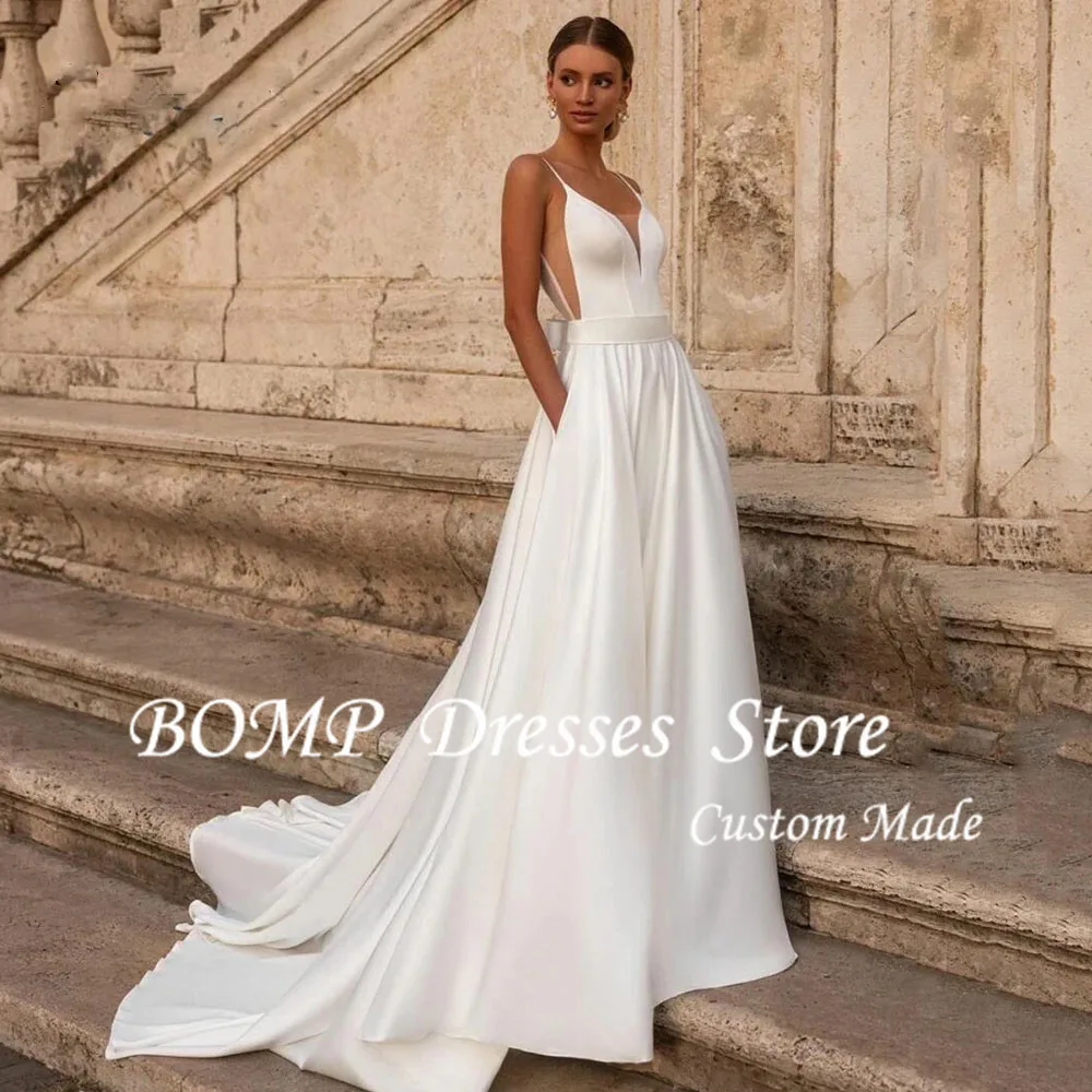 BOMP-Vestidos de Novia de corte en A, tirantes finos de satén personalizados, Vestidos de Novia sexys con espalda descubierta, cola de barrido, Vestidos de Novias Boda 2025