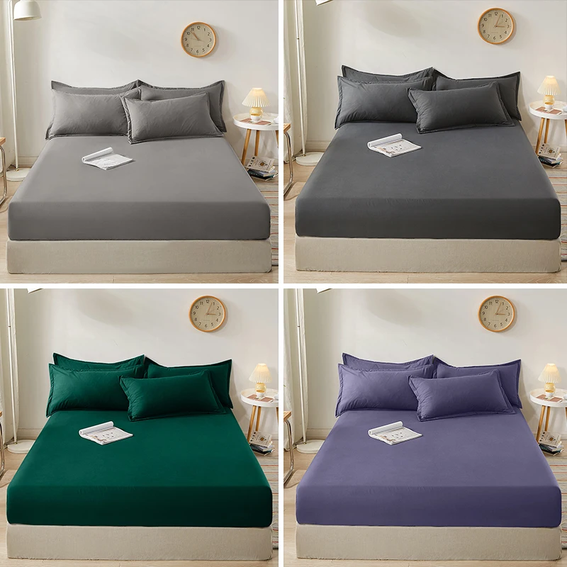 Fitted Bed Sheet With Elastic Band Solid Color Mattress Covers Protector For Single Double King  Bed 100% Cotton 150/160/180x200