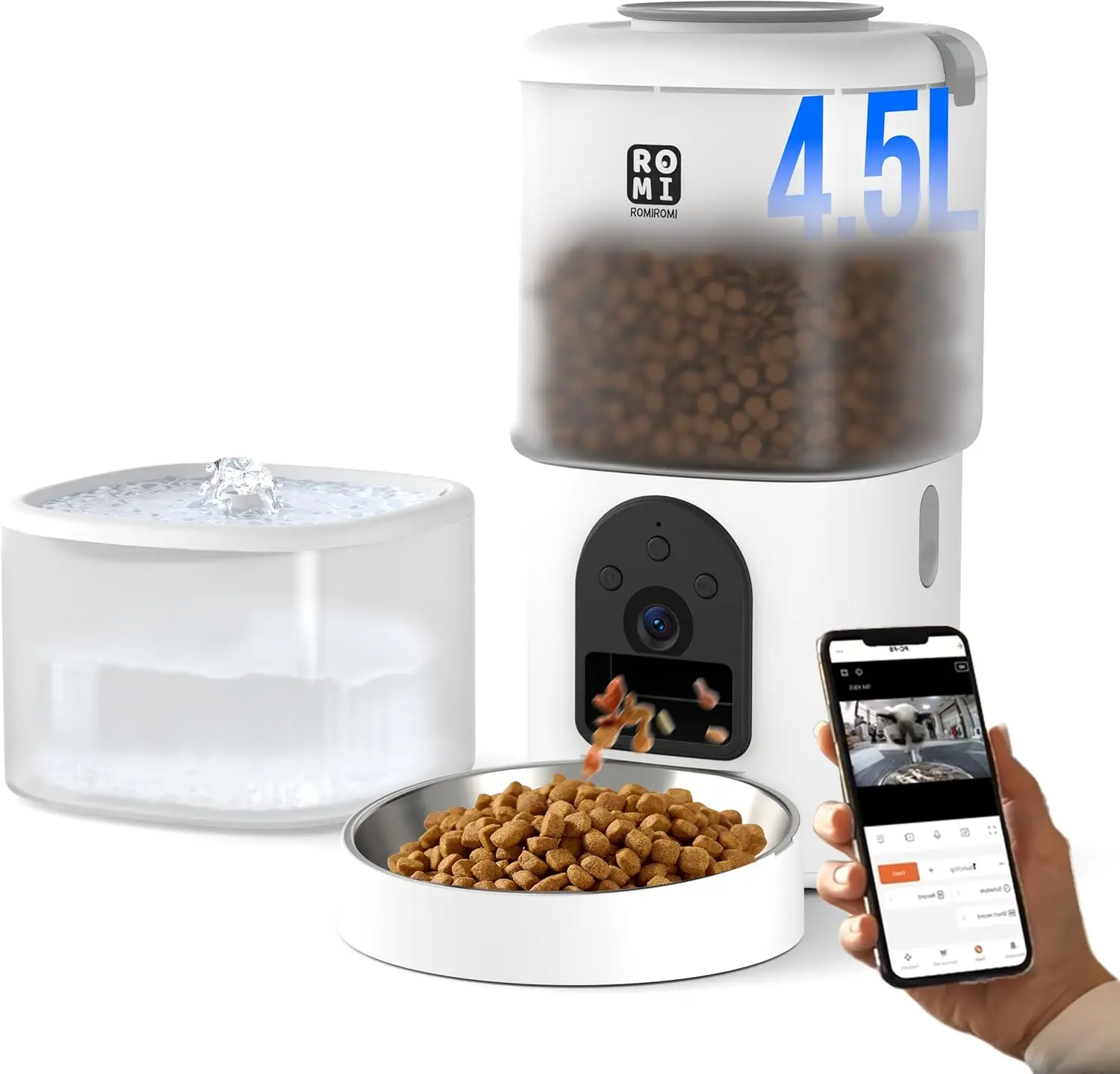 

Automatic Cat Feeder with Camera & Water Fountain, 1080P HD, WiFi App Control, Timed Feeding for Multiple Cats - White