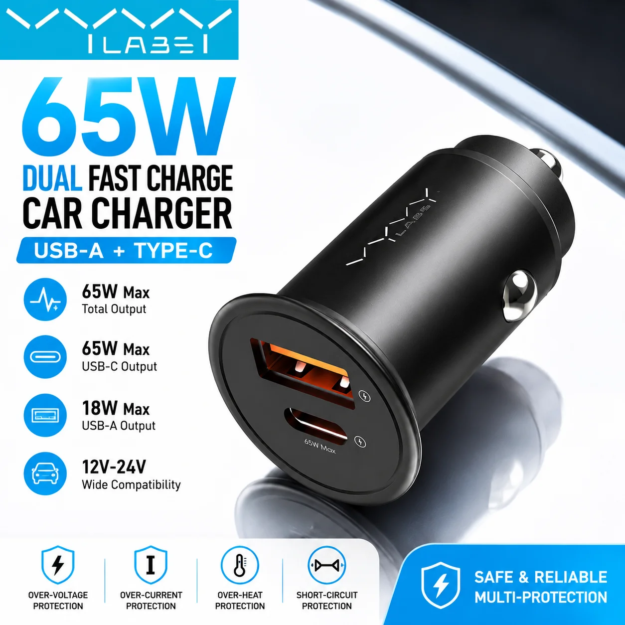 Carregador Veicular Vyvylabs 65W em Liga de Zinco, Adaptador Mini USB-A Tipo-C de Carregamento Rápido DC12V-24V, Potência Máxima de 65W para iPhone 17, Samsung, Huawei