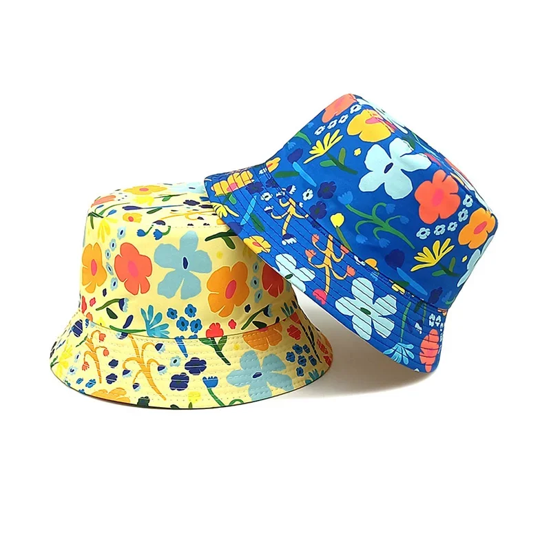 Spring Polyester Cartoon Flower Print Bucket Hat Outdoor Travel Sun Cap For Child Boy and Girl 107