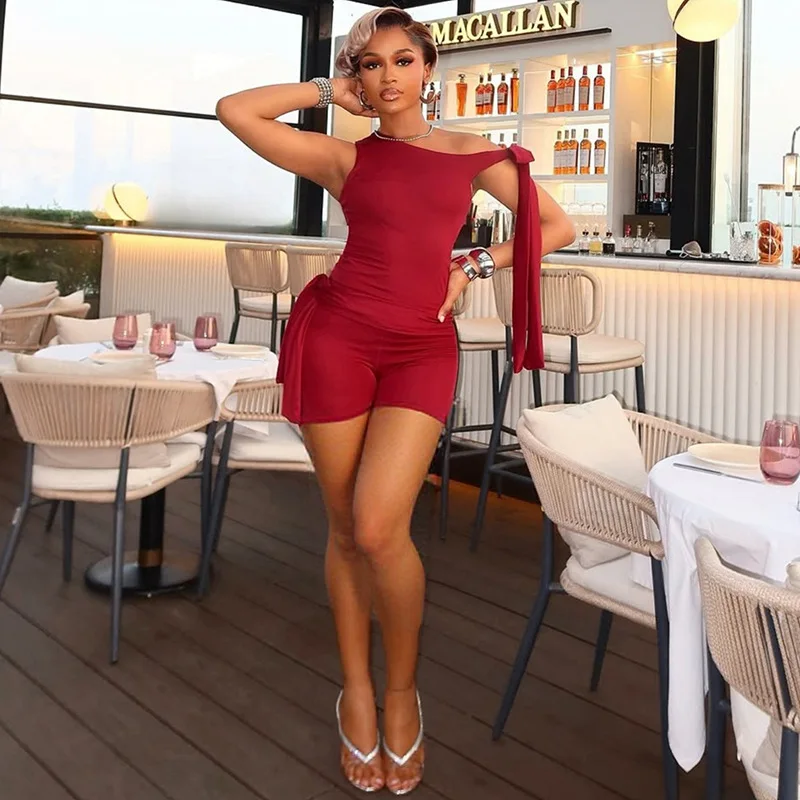 

Женский однотонный комплект из 2 предметов со шнуровкой и лентой, спортивные костюмы с наклонными плечами, укороченные топы без рукавов + шорты, повседневные тонкие уличные костюмы