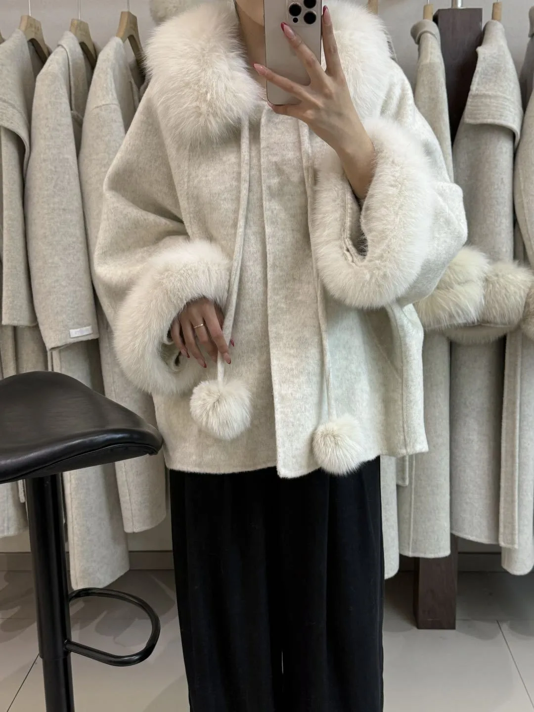 OFTBUY Women's Short Wool Coat Real Fox Fur Collar Cuffs Pom Pom Drawstring Woolen Clothing New Winter Warm Elegant Outerwear