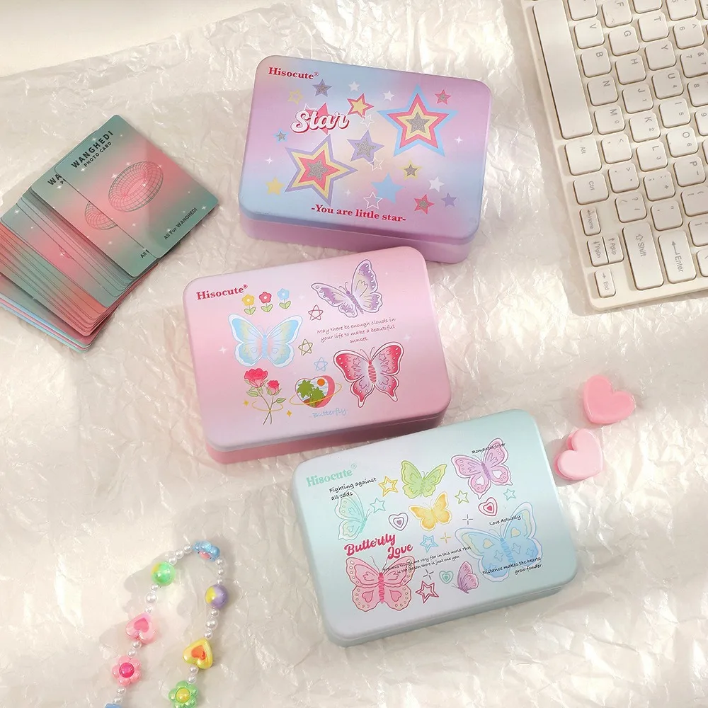 Metal Empty Tin Box School Stationery Rectangular Jewelry Organizer Multifunctional Butterfly Print Sticker Storage Box Students
