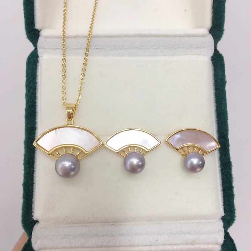 ZHBORUINI 2024 New Natural Freshwater Pearl Pendant Earring Set Natural Seashell Fan-Shaped Chinese Style Pearl Set For Woman