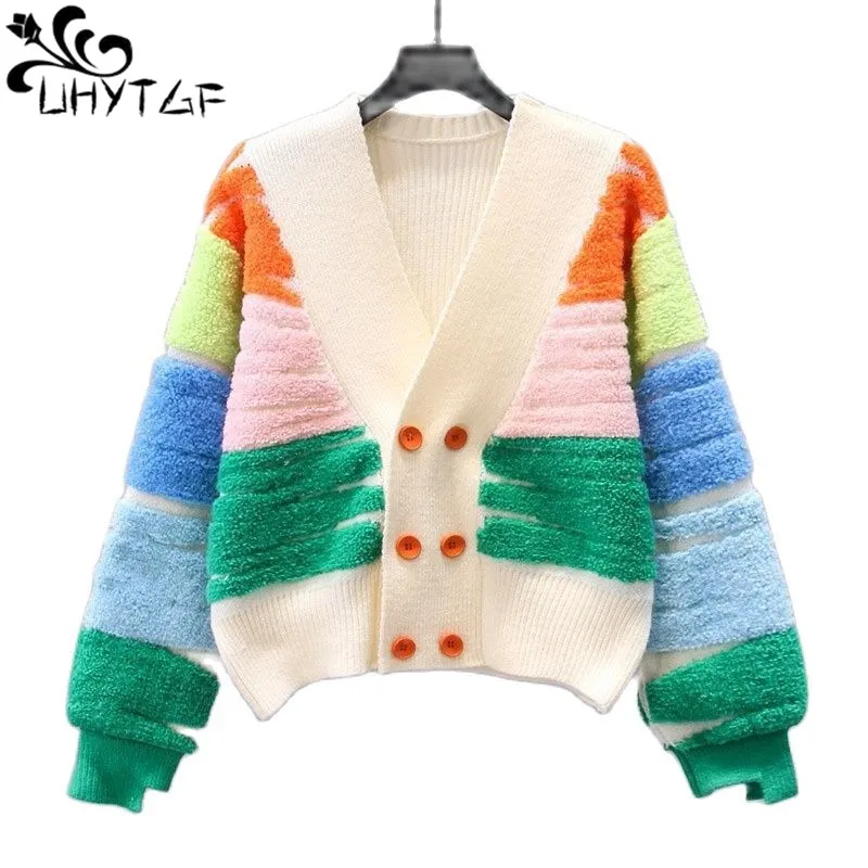 Rainbow Striped Knit Sweater Cardigan Women Double- Breasted V-Neck Jacket Coat Autumn Winter Long Sleeve Loose Stylish Tops 427