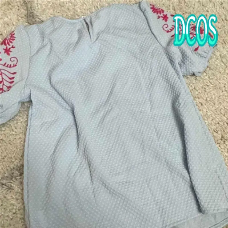

DCOS-Women Floral Embroidered Textured Tops Crewneck Puff Short Sleeve Casual Loose Solid Embroidery Blouses Shirts