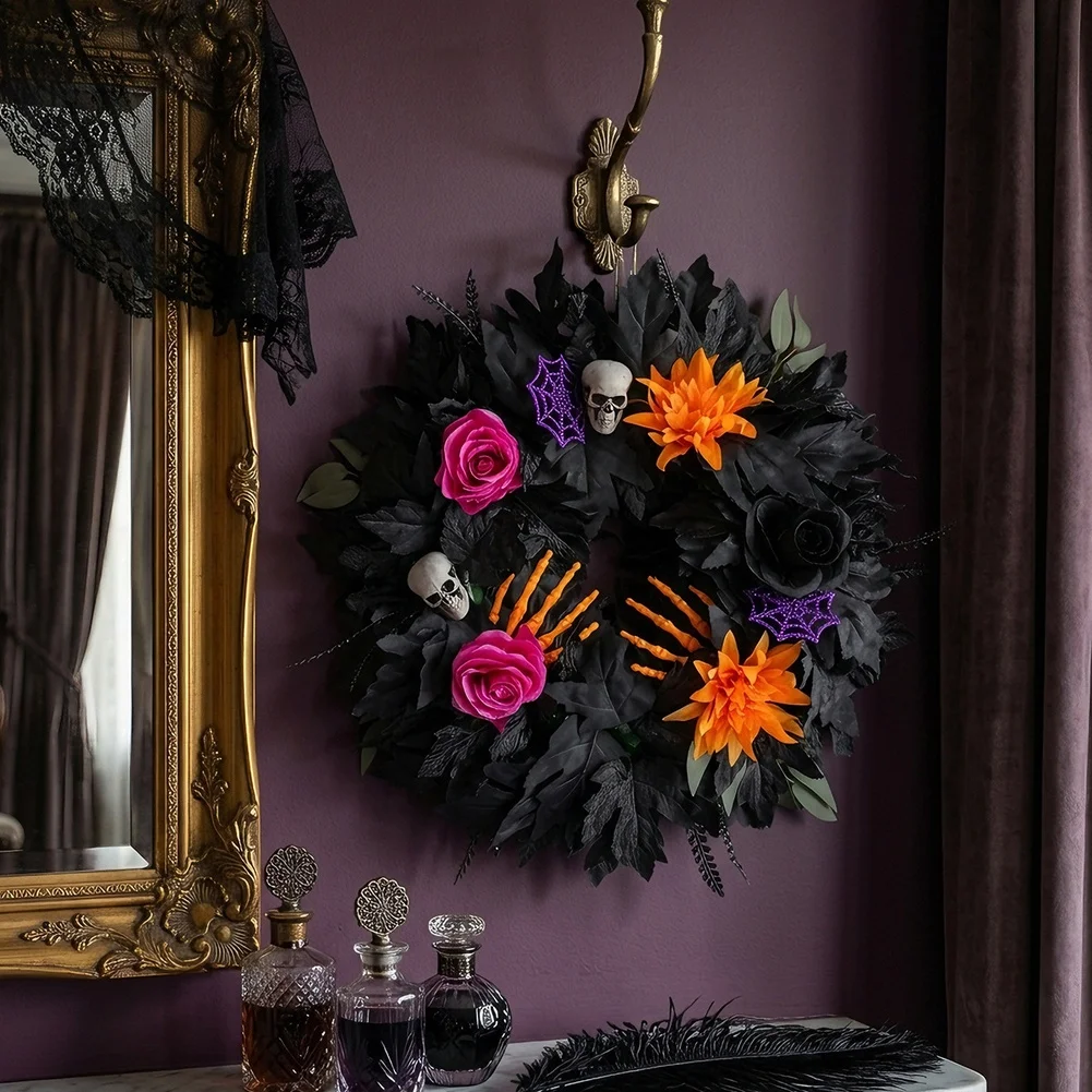 Halloween Wreath for Porch Door 20 inch with Skull Black Maple Leaves Pink Orange Roses For Festive Theme Decor