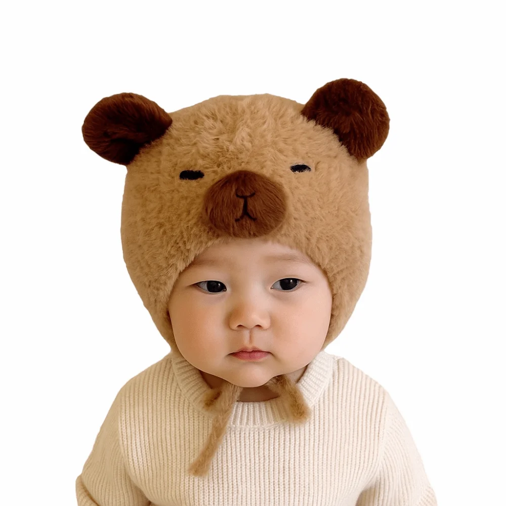 

Fashion Cute Cartoon Capybara Beanie Bonnet Windproof Double Pompom Knitted Hat Cold Proof Warm Pullover Hat Kids
