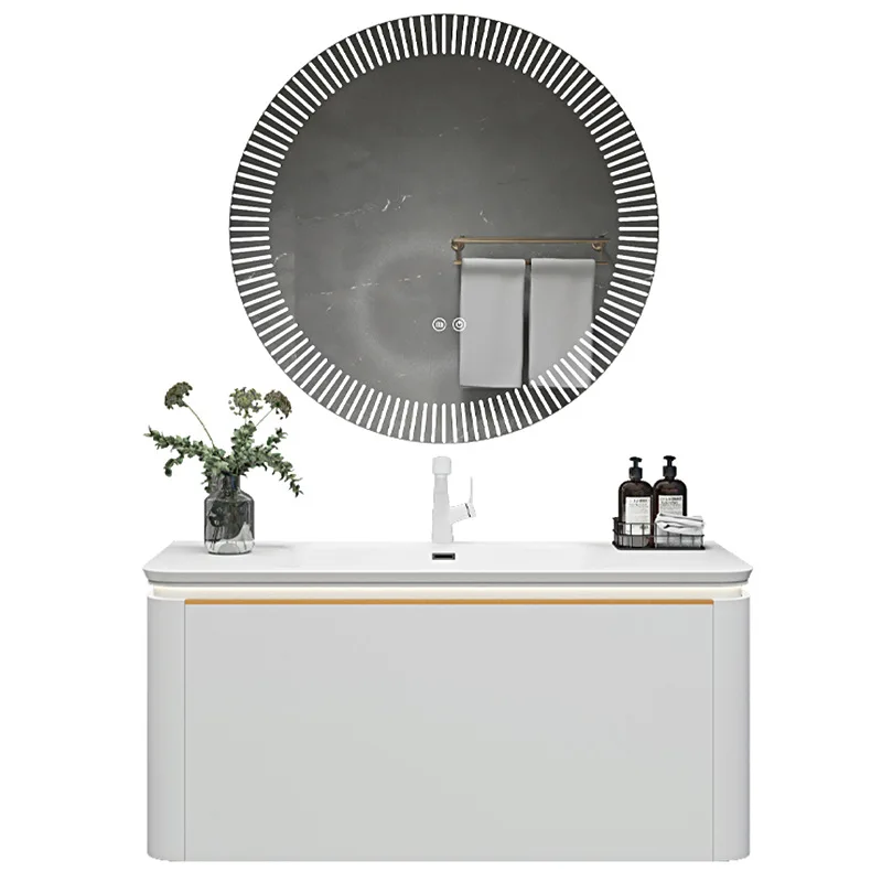 

Milk coffee white ambient light Internet celebrity bathroom cabinet Paint free solid wood bathroom cabinet Ceramic