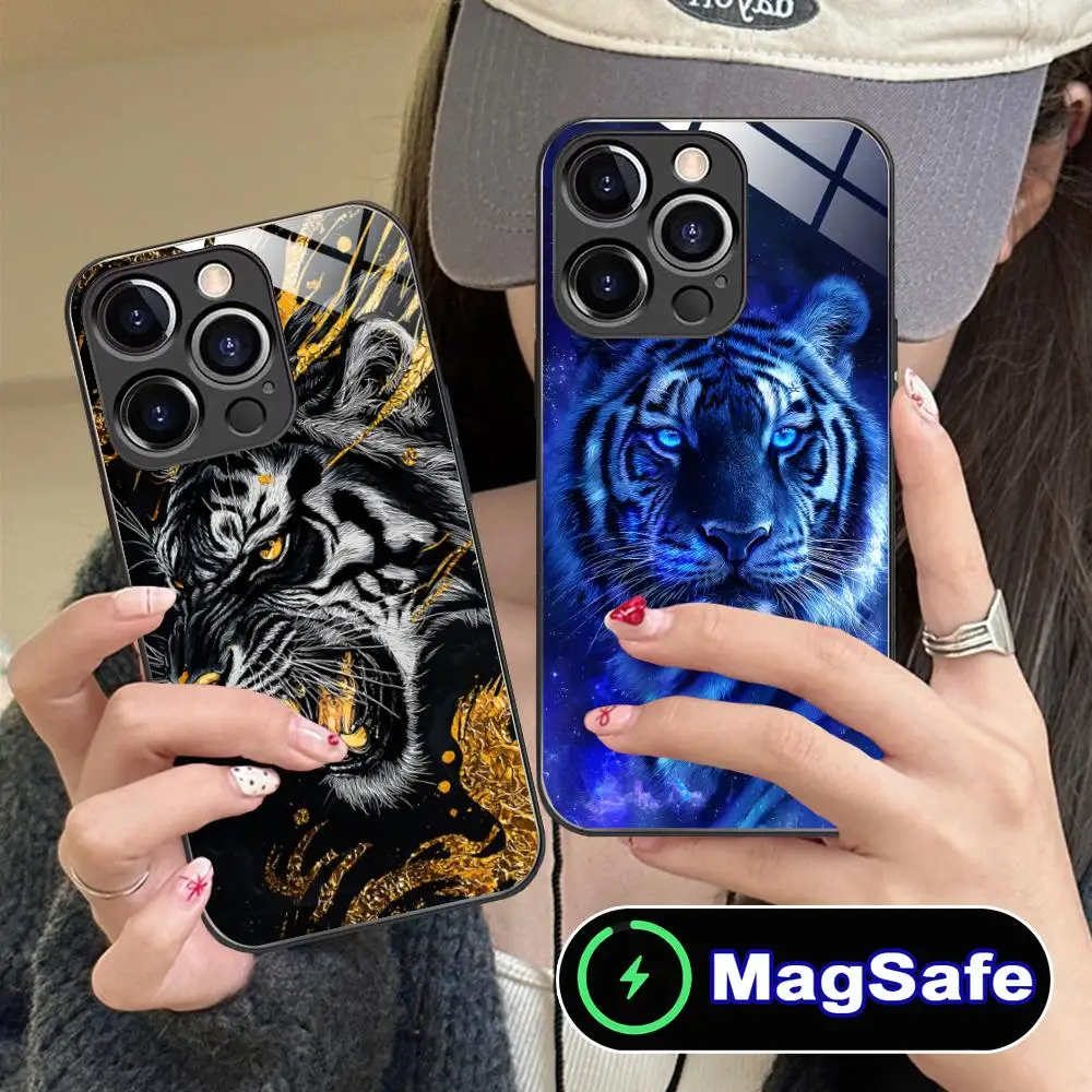 

Чехол для мобильного телефона Tiger Neon для iPhone 17, 16, 15, 14, 13, 12, 11 Air Pro Max Plus Mini MagSafe, стеклянный красочный чехол, красивый чехол
