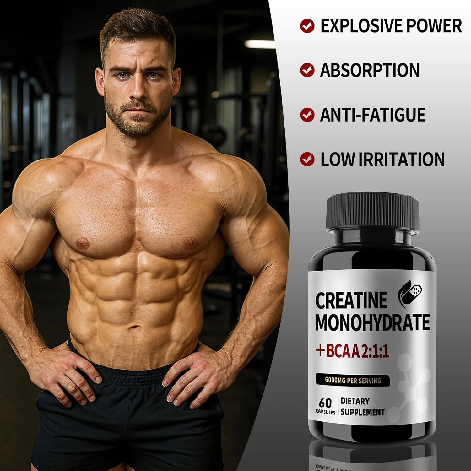 Creatine Monohydrate Supplement, Supports Muscle Mass Building, Athletic Strength, Recovery, 30/60/120 Capsules