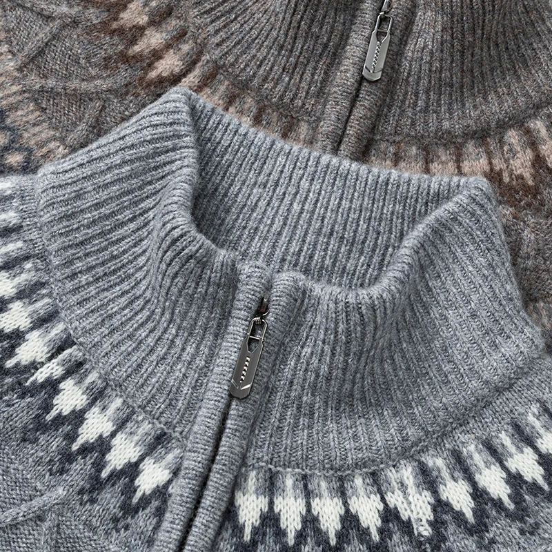 100% de lana de Cachemira con patrones Retro para hombre, jersey de lana de oveja a rayas a la moda, suéter de manga larga con cremallera, Jersey, Tops cálidos