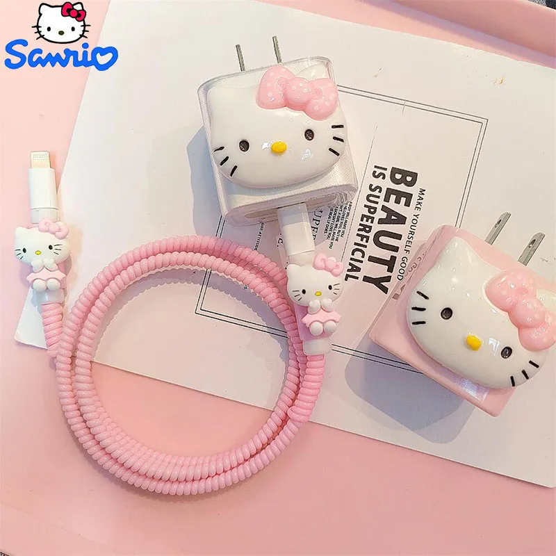 Kawaii Sanrio Cute Hello Kittys Iphone14 Charger Protective Sleeve Data Cable Break-Proof 20W Winding Rope Girls Anime Gift Toys