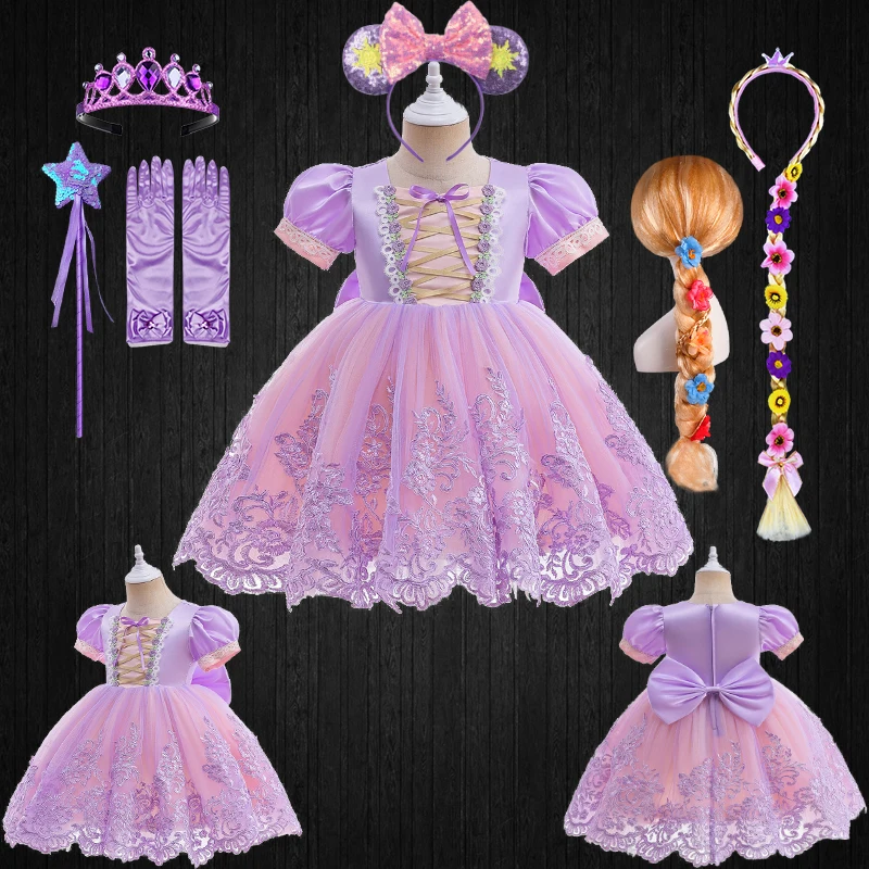 

2023 New Fancy Girl Embroidered Flower Rapunzel Princess Party Dress Christmas Baby Girls Sofia Puff Sleeve Infants Ball Gowns