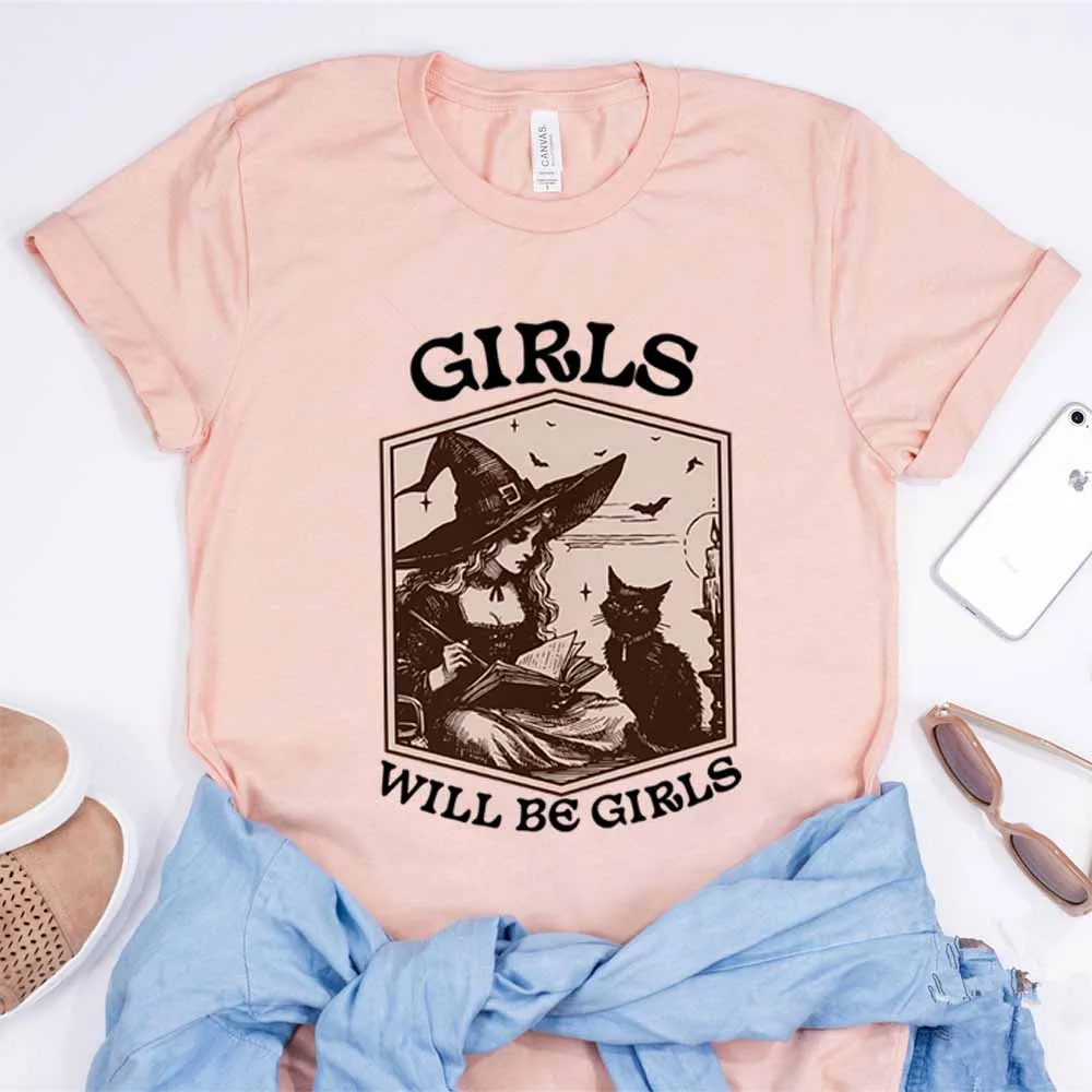 Dziewczęca Koszulka Wiedźmy Vintage Koszulka Wiedźmy Halloween Czarny Kot Gotycka Koszulka Estetyczna Y2k T-shirt Damskie Straszne Wiedźmańskie Topy