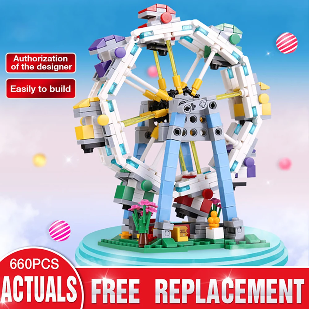 Rotate Building Block Fairground Blocks The Ferris Wheel Set Building Blocks Toys Bricks Amusement Park High-tech Model Serie