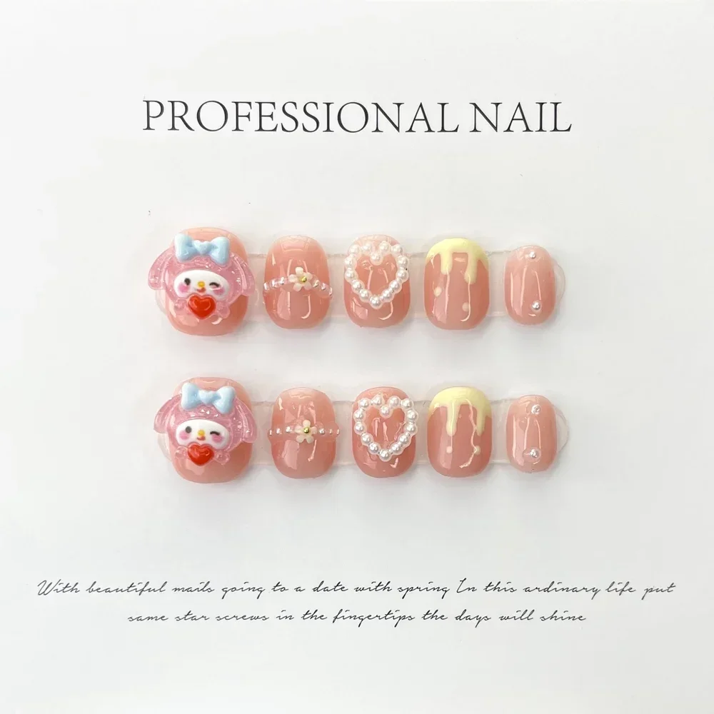 

Handmade Kawaii Nails Press on Korean Short Cartoon False Nail with Design Full Cover Round Head Cute Nail Tip Nail Art for Girl