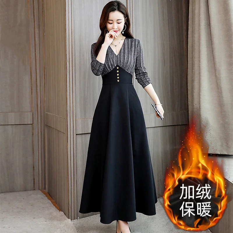 Female New Korean Add velvet Winter Long Dress Fake Two Pieces A-line Dress with Waist Closure and Belly Covering Style Women