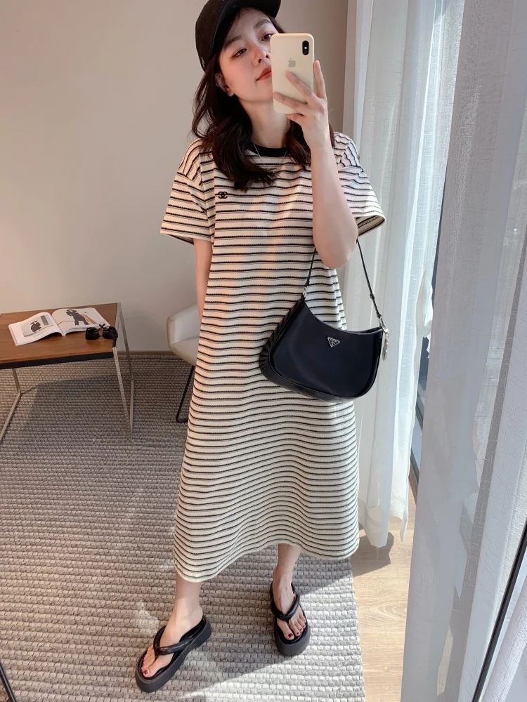 

Casual Sle Embroidered Loose Straight Tube Dr Women's Midi New Summer Cotton round Ne ort Sve Thoe Chen