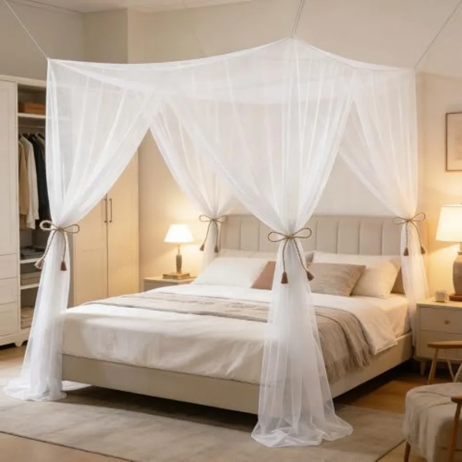

4 Corners Mosquito Net for Bed, Canopy Bed Curtains for Full Queen King Size Bed, White Bed Canopy Netting for Bedroom Camping