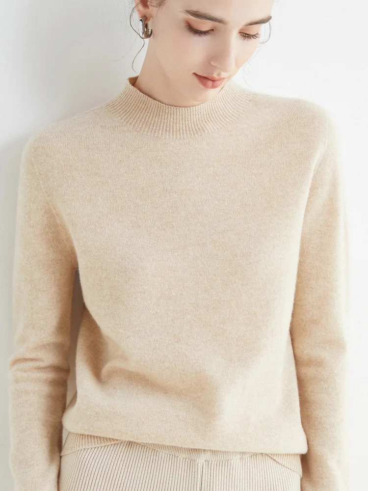 

High Quality Women's Basic Pullover Mock Neck Sweater Long Sleeve 100% Merino Wool Worsted Wool Knitwear Simple Style