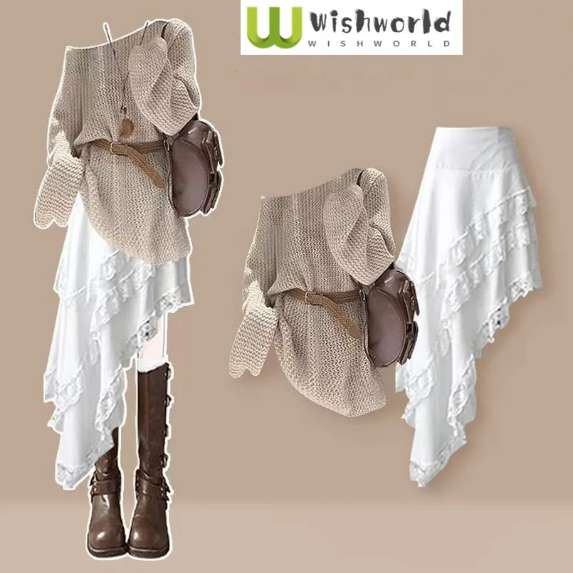 

Spring and Autumn Temperament Set Female Spicy Girl Off Shoulder Age Reducing Top+French Irregular Half Skirt Two Piece Set