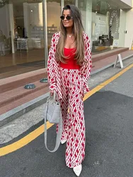 TRAFZA Women Trouser Suit Casual Chic Dots Print Single Breasted Lapel Long Sleeves Loose Blouses Top+2024 Side Zip Long Pants