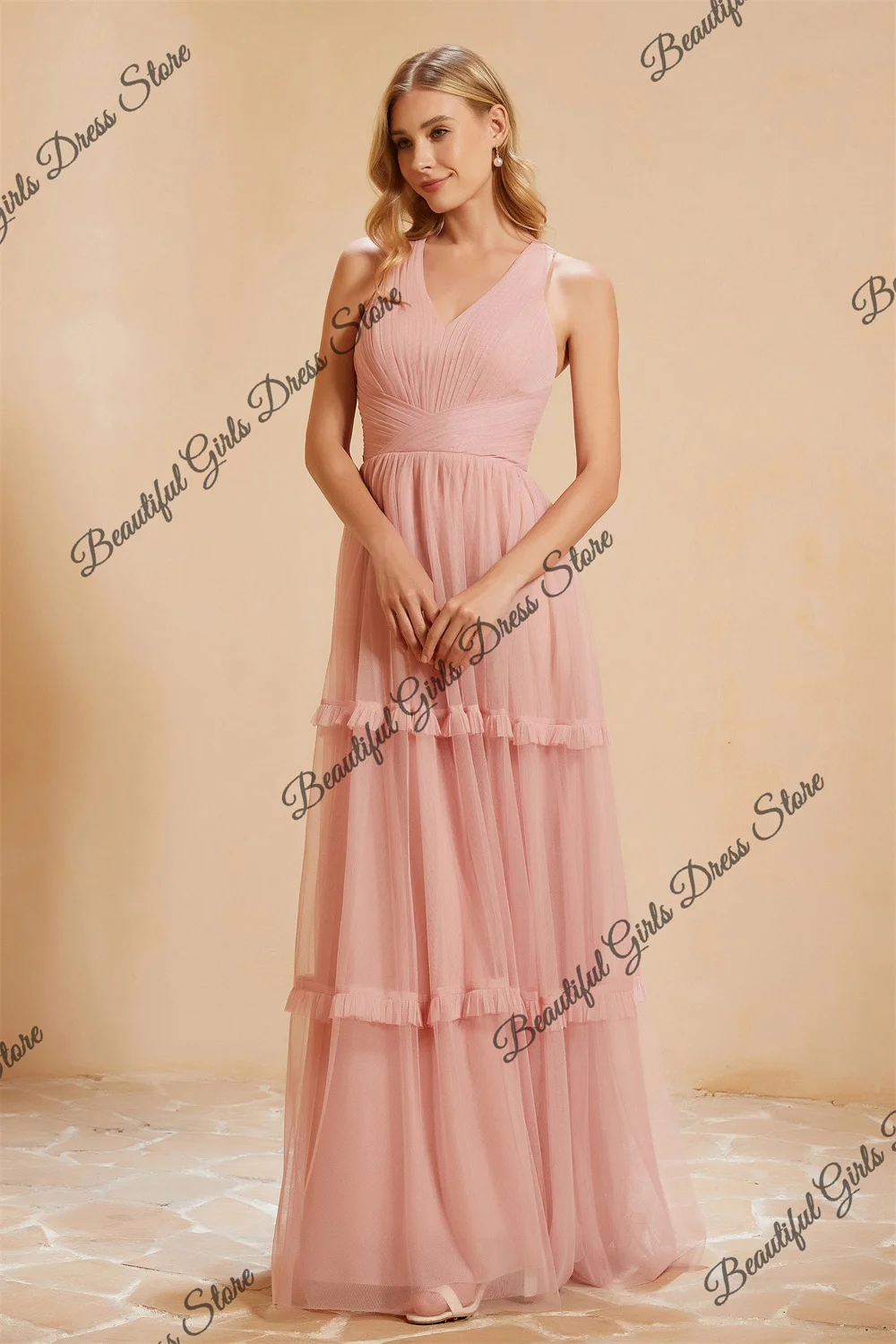 

Tulle Off-the-shoulder V-Neck A-line Bridesmaid Dresses Tiered Pleated Corset Sleeveless Formal Evening Party Long Prom Gowns