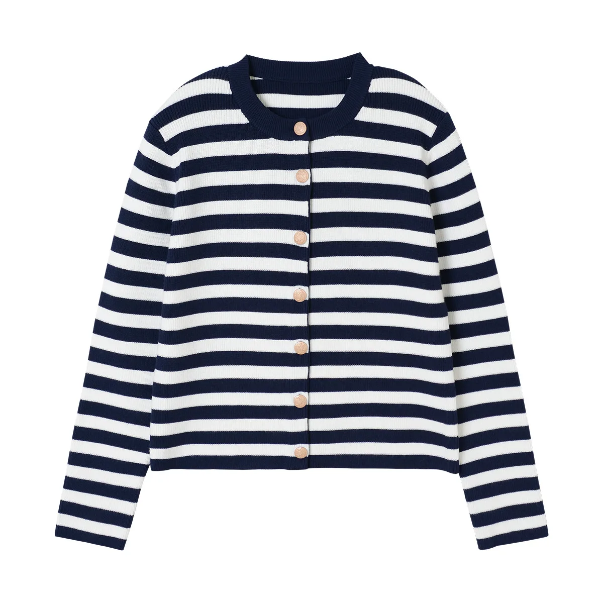 2024 Spring New Women's Navy Stripe Relief Metal Button Cardigan Versatile Long sleeved Small Cardigan