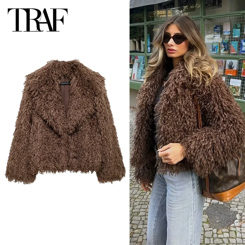 TRAF Short Teddy Coats 2024 Women\'s Warm Winter Jackets Autumn Large Size Long Sleeve Plush Brown Parkas New In Outerwears