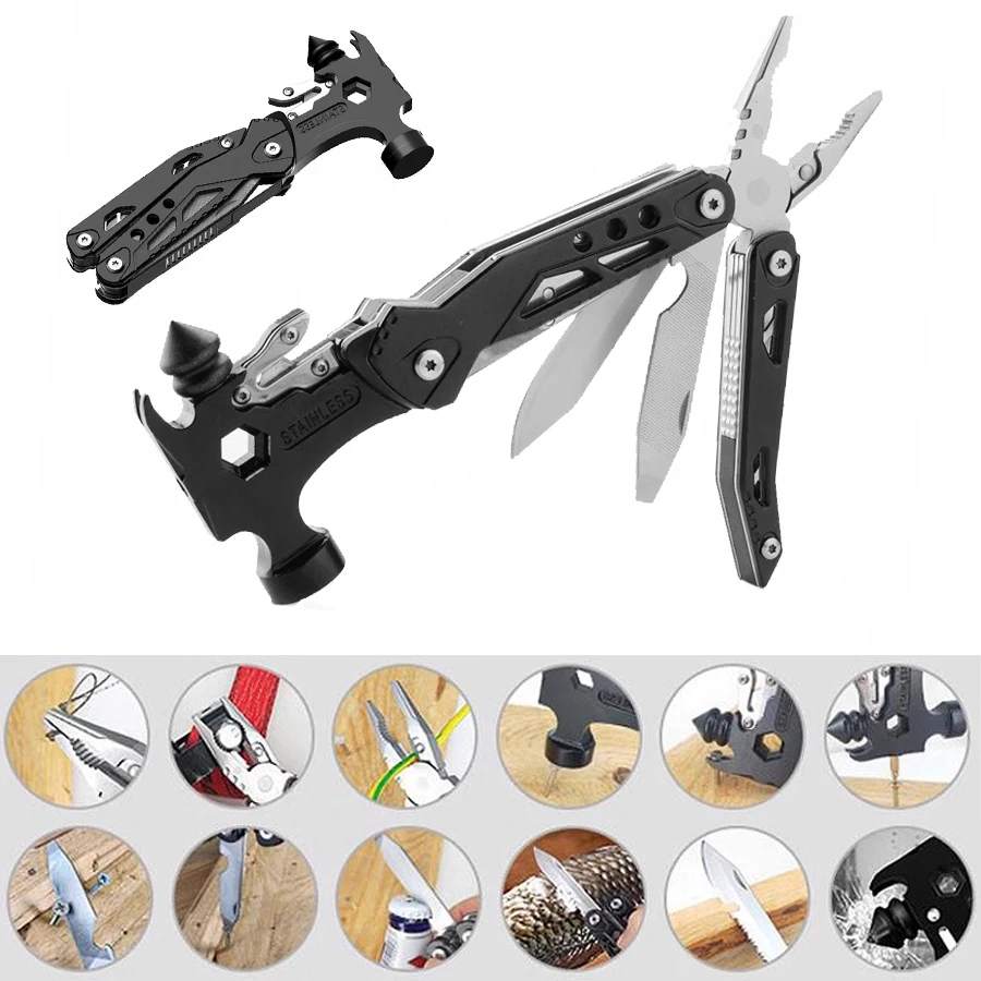 

16-in-1 Multi-Function Hammer Portable Car Camping Survival Tool with Window Breaker Seatbelt Cutter for Outdoor