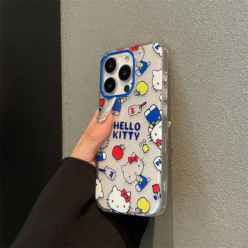 Sanrio Hello Kitty Bow Mirror Blue KT Milk Phone Case For iPhone 15 14 13 12 11 Pro Max XR XS MAX 7 8 Plus MINI Y2K Laser Cover