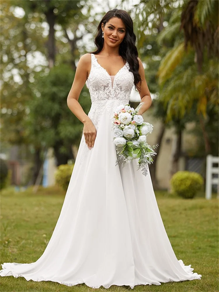 Robe de mariée princesse en mousseline de soie, ligne a, col en v, sans manches, avec traîne, élégante, couleur unie, Simple, pour dames