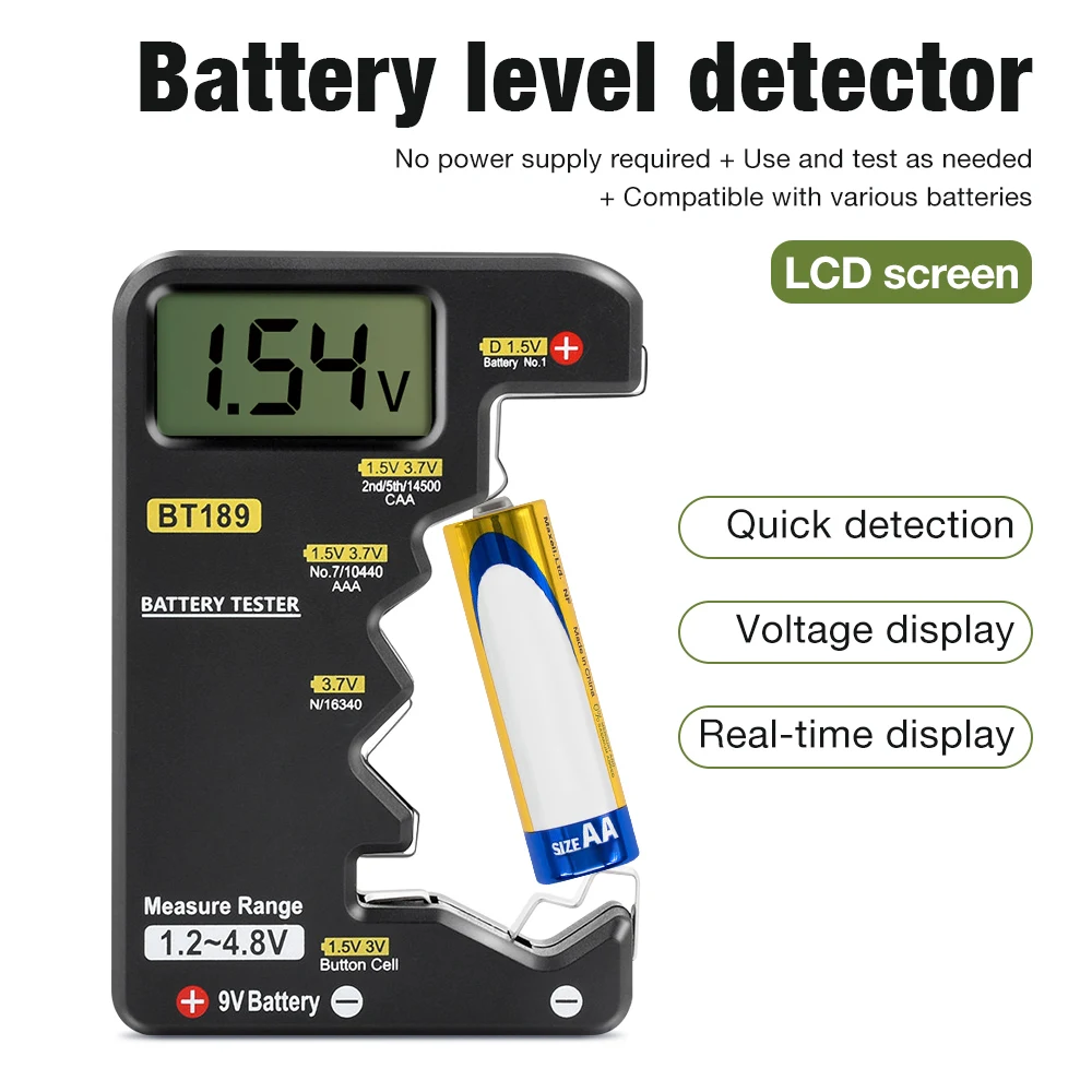 BT189 Digital Battery Voltage Tester LCD Display AA/AAA/9V/1.5V Button Cell Battery Capacity Detector Battery Diagnostic Tool