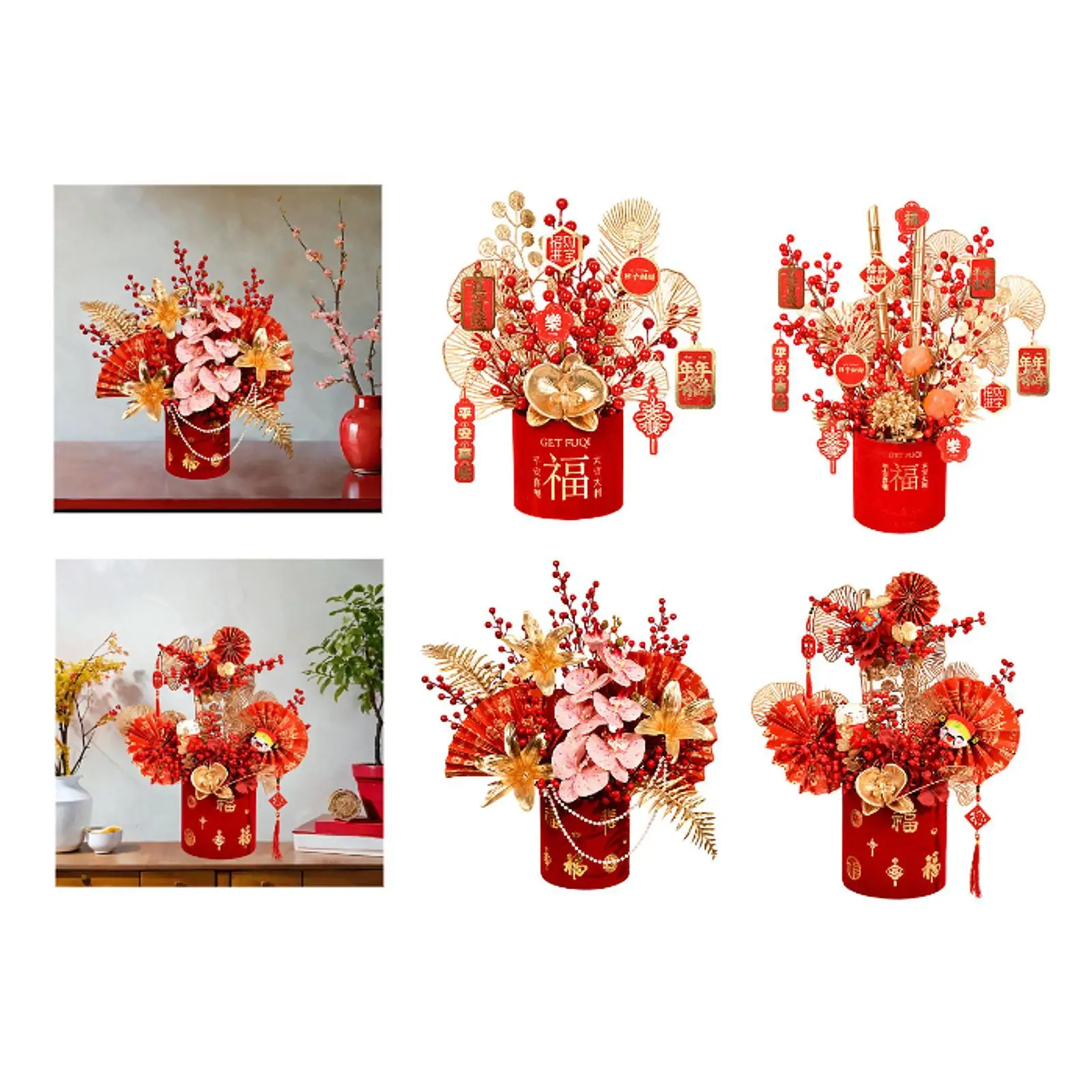 

Искусственная гирлянда из красных ягод и цветов в стиле бонсай для декора к Лунному Новому году, ведерко с искусственными цветами для украшения прихожей и рабочего стола