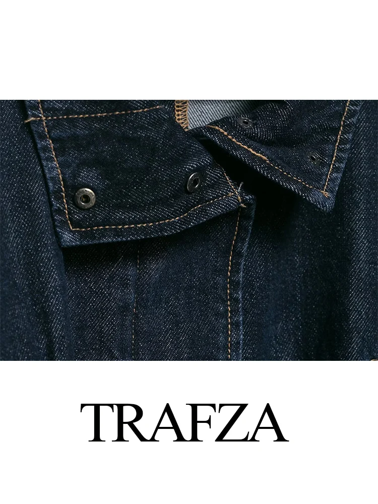 

TRAFZA Women's Fashion Retro Bat Sleeve Denim Blue Jacket Loose Casual Long Sleeve Coat Female High Street Pocket Lace-up Jacket
