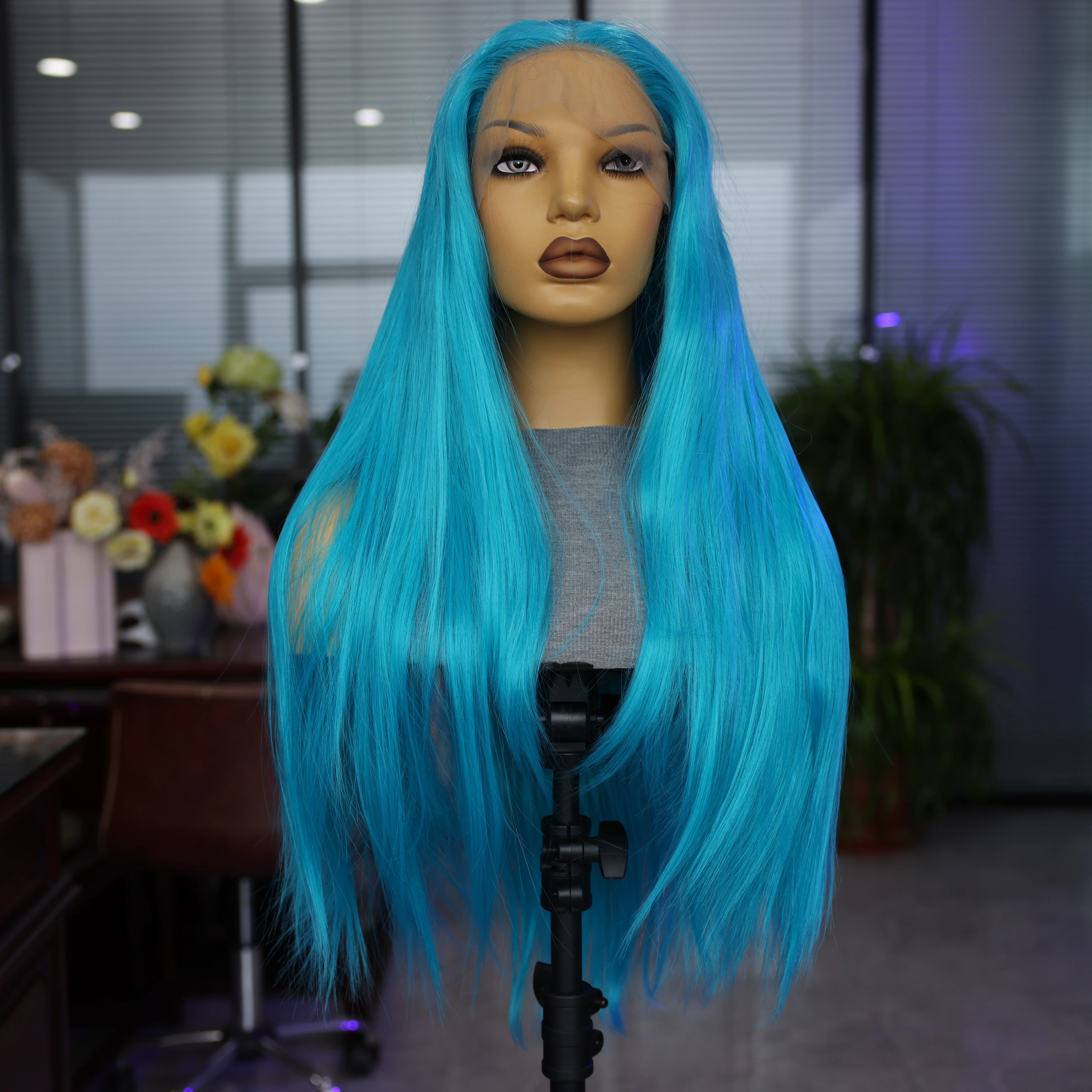 Light Blue Synthetic Straight Clear Lace Front Wig For Women Cosplay 26 Inch 180 Density Natural Hair Line Mesh Cap Comfortable