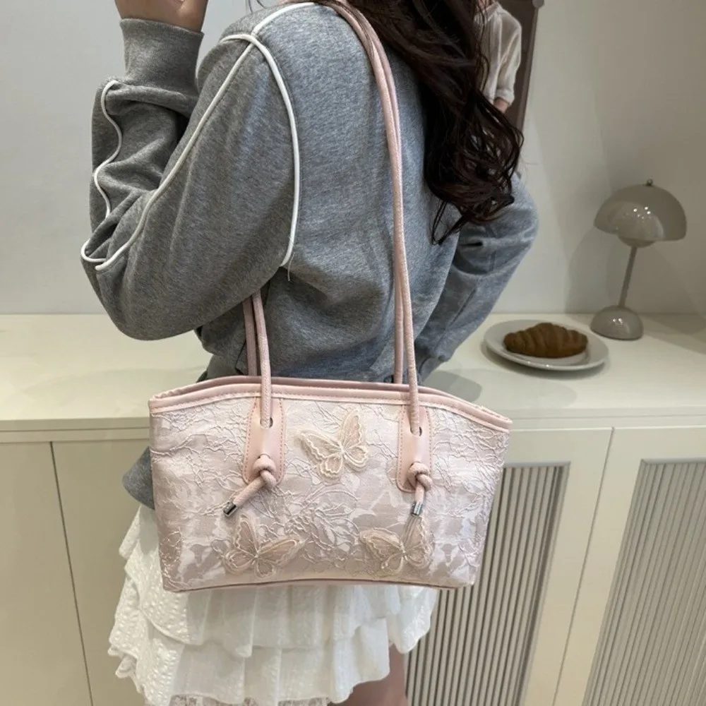

Retro Y2k Butterfly Tote Bag Korean Style Commute Shoulder Bag Large Capacity Embroidery Pu Leather Handbag Women