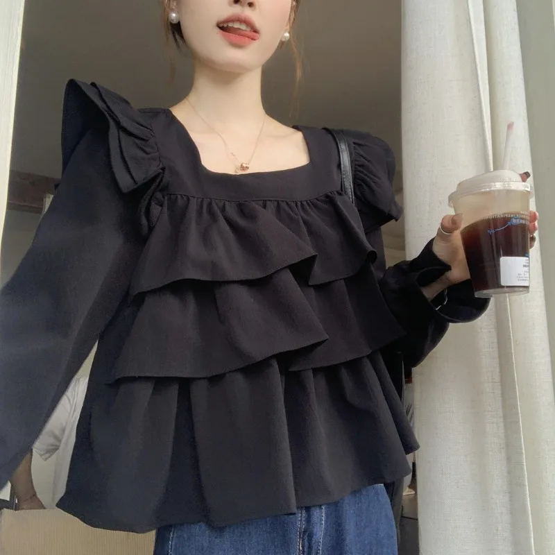 

Ruffles Shirts and Blouses Korea Square Collar Top Women 2024 Autumn Long Sleeve Elegant Women Blouses Solid Fashion Clothes New